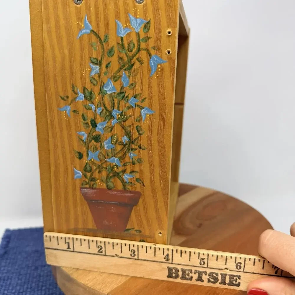Small Antique Pine Wood Hanging Spice Box With Floral Pattern